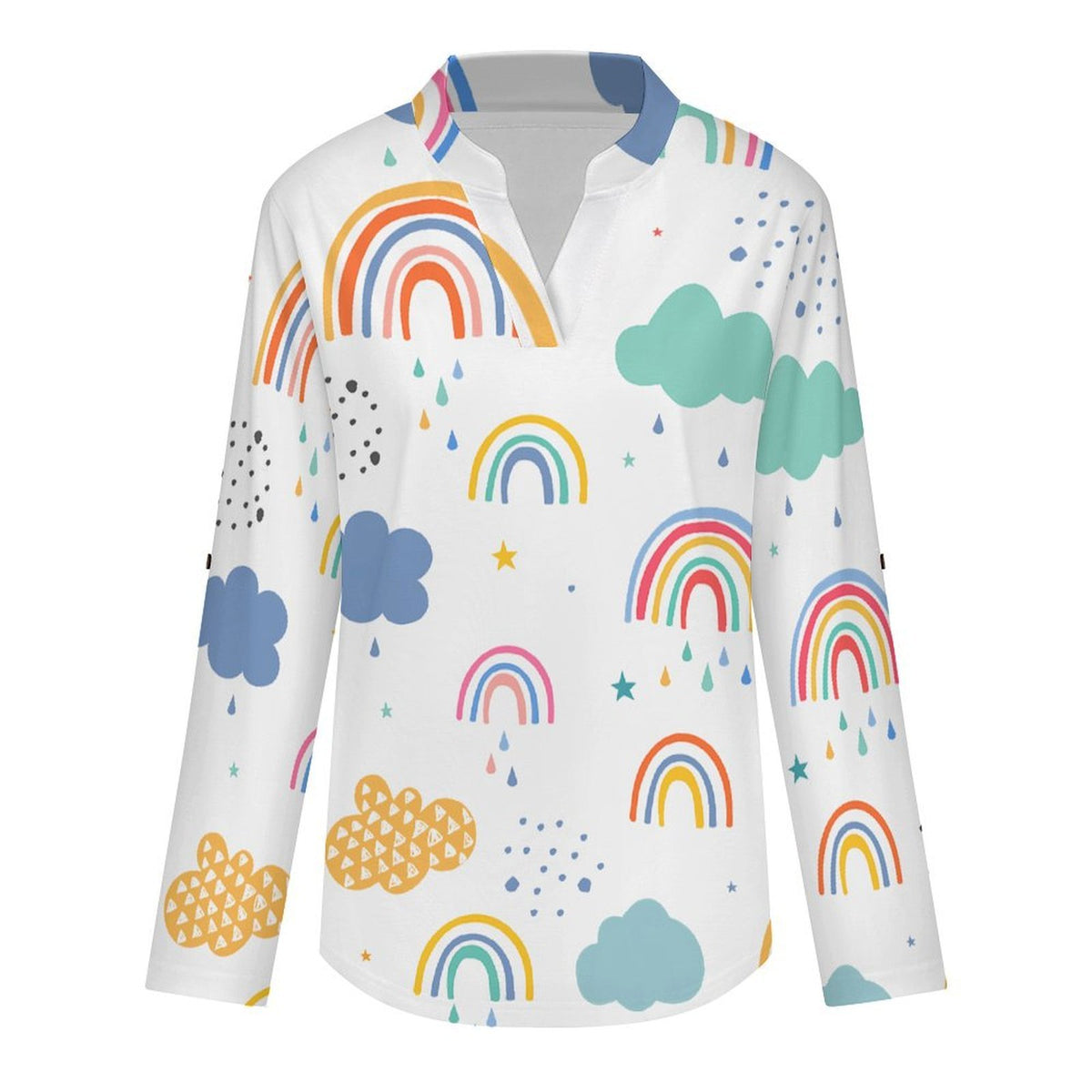Cartoon, Rainbow, Children  Versatile Notched V-Neck Tunic | Roll Tab 3/4 Sleeve Office Casual Top