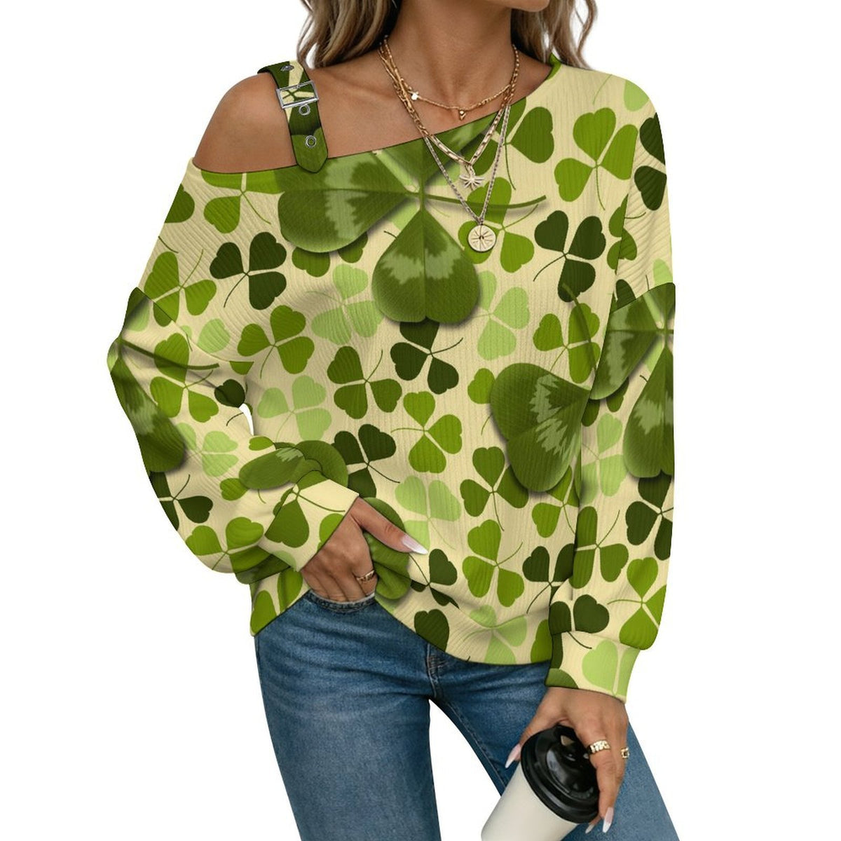St Patrick, Clover, Green Buckle Strap Asymmetrical Off Shoulder Knit Sweater