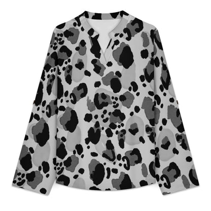 Versatile Notched V-Neck Tunic  Roll Tab 3/4 Sleeve Office Casual Top  Leopard Print, Repeating Pattern
