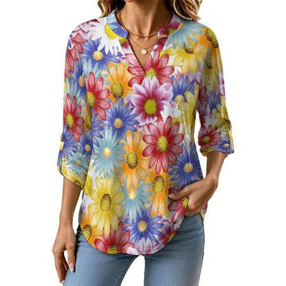 Color Flowers  Versatile Notched V-Neck Tunic | Roll Tab 3/4 Sleeve Office Casual Top