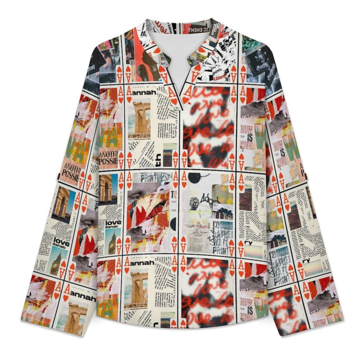 Poker Graffiti Roll Tab 3/4 Sleeve Notched V Neck Tunic Blouse