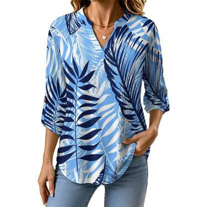 Summer-flower-blue-yellow-full Print-T-shirt-phone Case  Women Curved Hem V Neck Roll Sleeve Casual Work Top