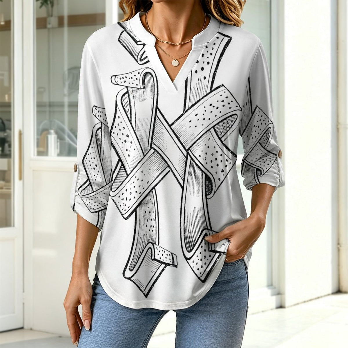 Winding, Crossing  Women Curved Hem V Neck Roll Sleeve Casual Work Top