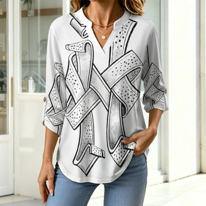Winding, Crossing  Women Curved Hem V Neck Roll Sleeve Casual Work Top
