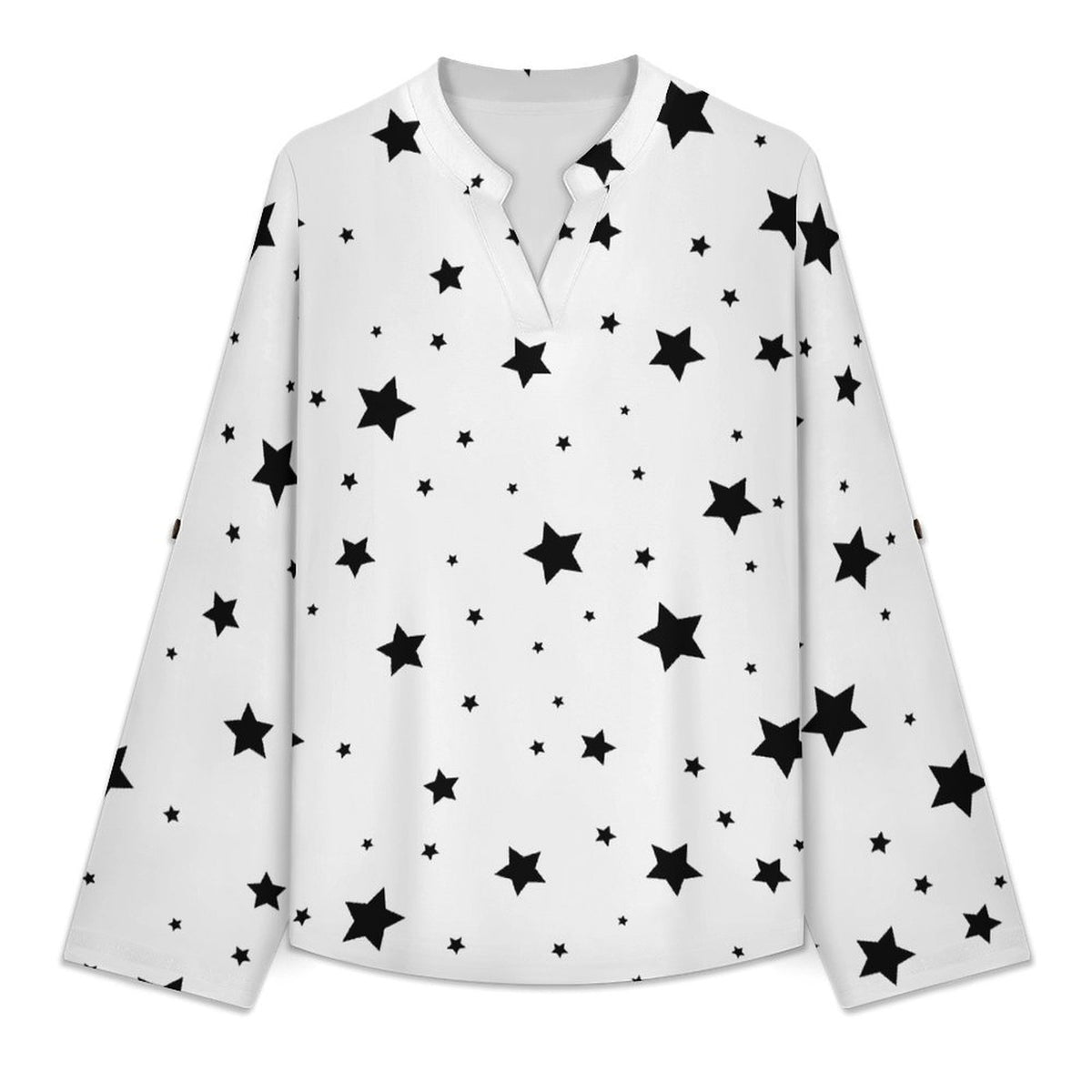 Star Pattern  Versatile Notched V-Neck Tunic | Roll Tab 3/4 Sleeve Office Casual Top