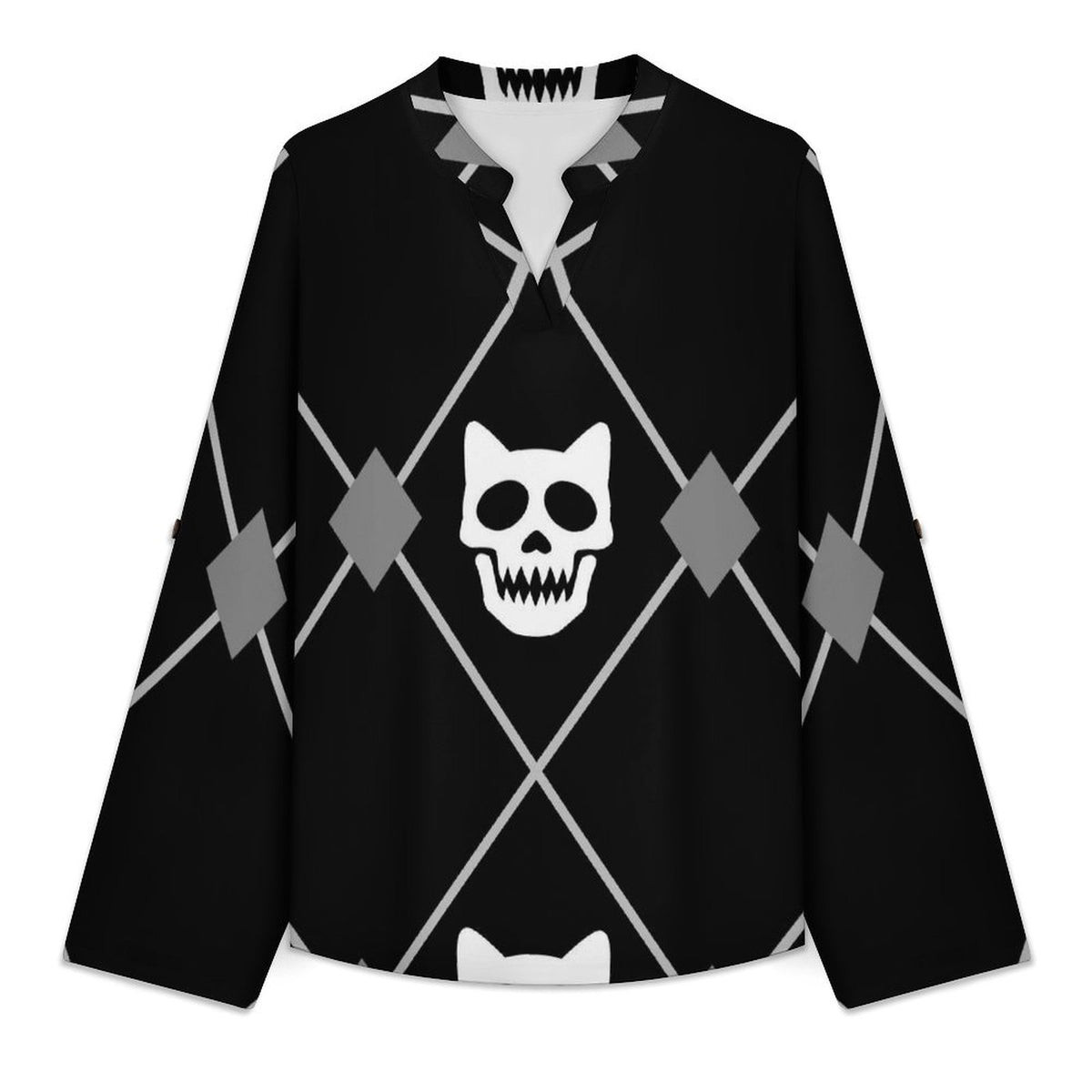 Rhombus Plaid Skull Black And White Roll Tab 3/4 Sleeve Notched V Neck Tunic Blouse
