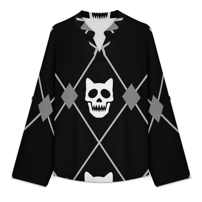 Rhombus Plaid Skull Black And White Roll Tab 3/4 Sleeve Notched V Neck Tunic Blouse
