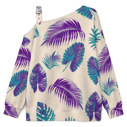 Purple Hemp Leaf Buckle Strap Asymmetrical Off Shoulder Knit Sweater