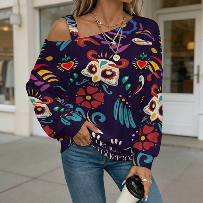 Retro Pattern, Nationality, Tradition Fall Casual Asymmetric Shoulder Knit Top with Buckle Detail