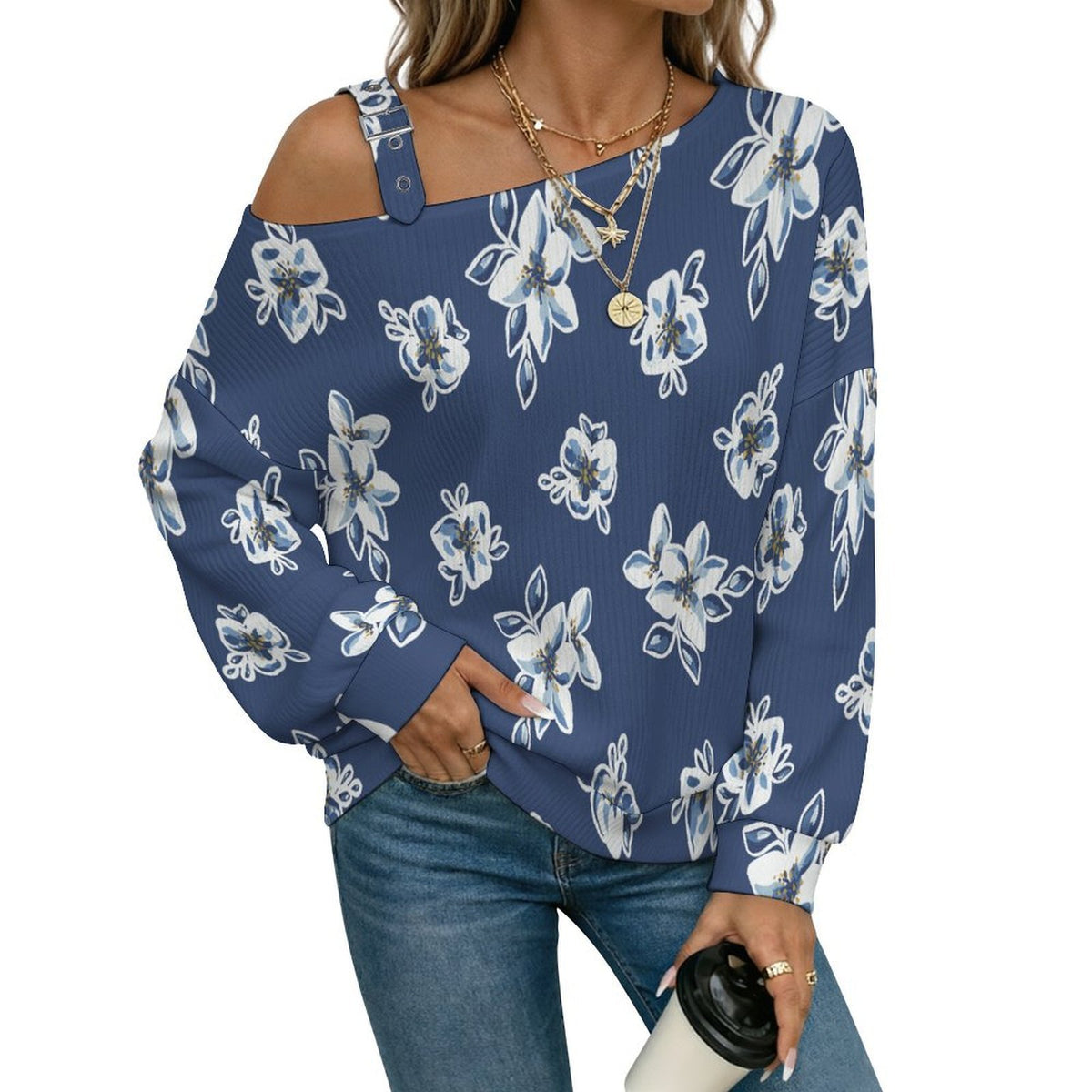 Fall Casual Asymmetric Shoulder Knit Top with Buckle Detail Blue Background, Flower Pattern