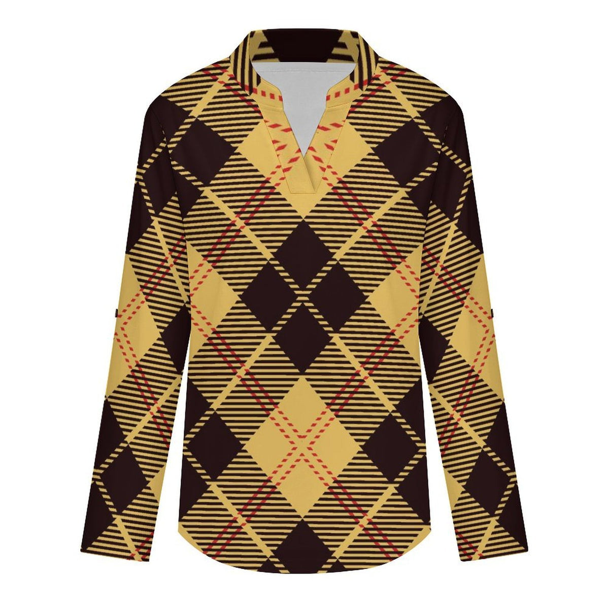 Versatile Notched V-Neck Tunic | Roll Tab 3/4 Sleeve Office Casual Top  Tartan Dresses Are Retro