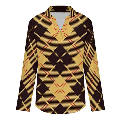 Versatile Notched V-Neck Tunic | Roll Tab 3/4 Sleeve Office Casual Top  Tartan Dresses Are Retro