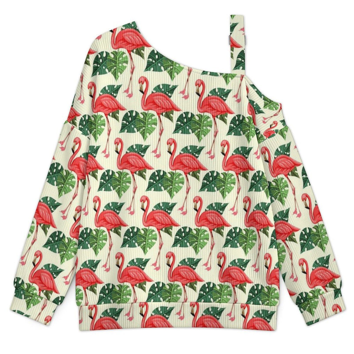 Flamingo, Repeating Pattern Fall Casual Asymmetric Shoulder Knit Top with Buckle Detail