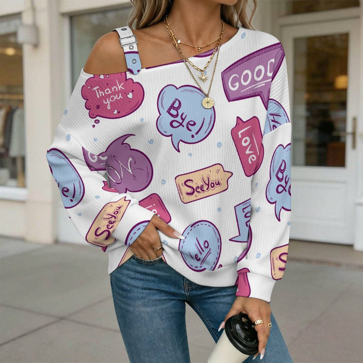 Cartoon, Pop, Pattern Fall Casual Asymmetric Shoulder Knit Top with Buckle Detail