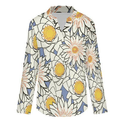 Flowers  Versatile Notched V-Neck Tunic | Roll Tab 3/4 Sleeve Office Casual Top