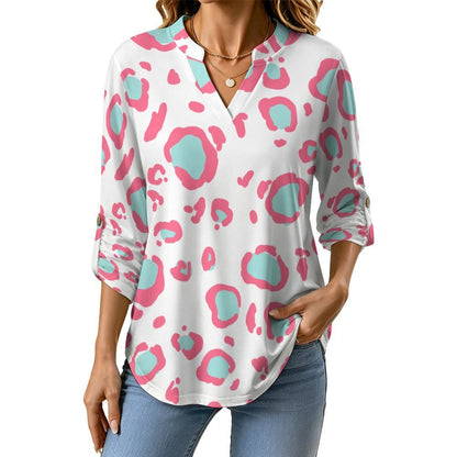 Women's Notched V Neck Tunic Tops, Roll Up 3/4 Sleeve Button Cuff Casual Blouse, Hem Loose Work Shirts  Pink Leopard Print