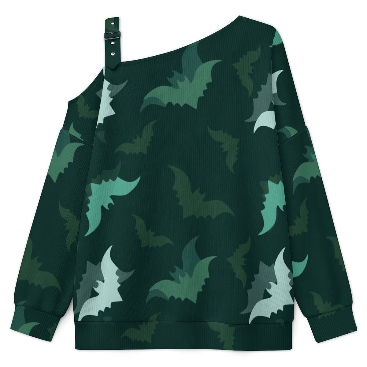 Green, Bat, Background Fall Casual Asymmetric Shoulder Knit Top with Buckle Detail
