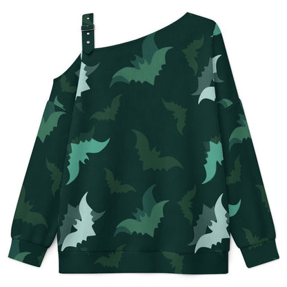 Green, Bat, Background Fall Casual Asymmetric Shoulder Knit Top with Buckle Detail