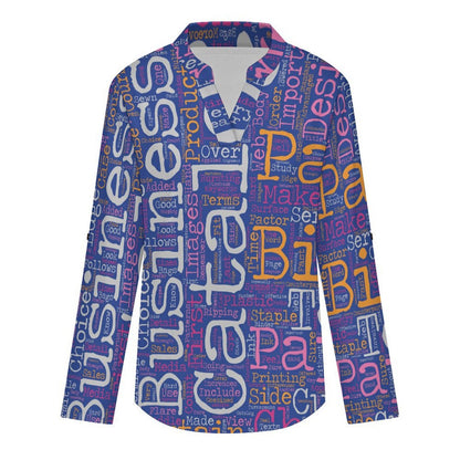 English Newspaper Roll Tab 3/4 Sleeve Notched V Neck Tunic Blouse
