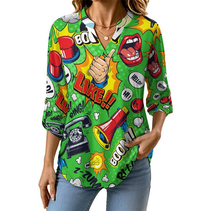 Women Curved Hem V Neck Roll Sleeve Casual Work Top  Green, Pop, Animation, Pattern