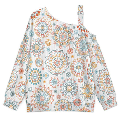 Repetitive Pattern Fall Casual Asymmetric Shoulder Knit Top with Buckle Detail