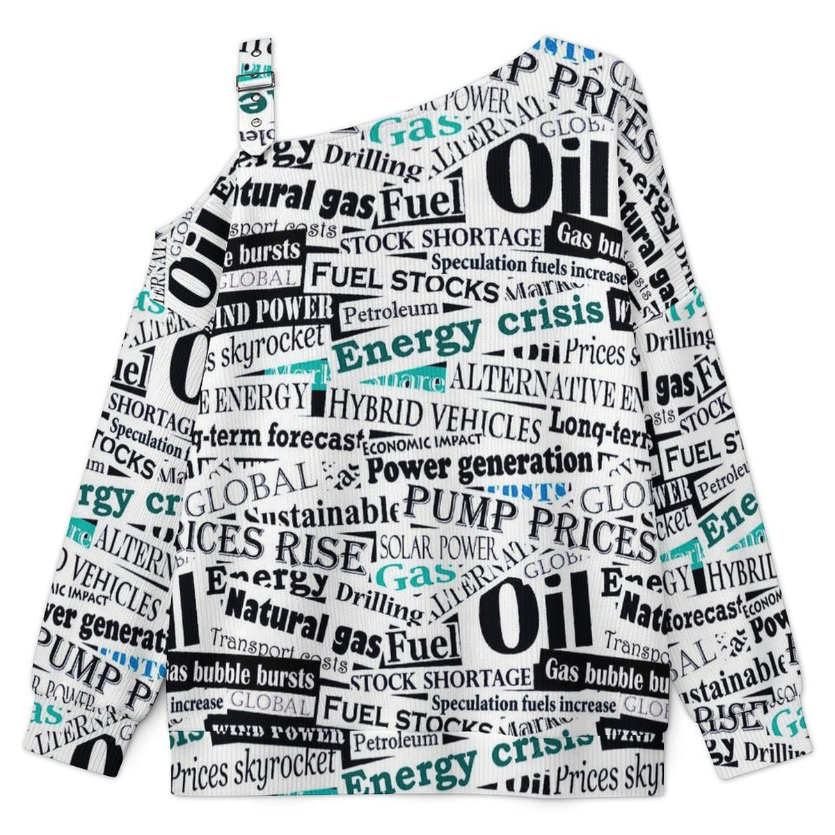 Fall Casual Asymmetric Shoulder Knit Top with Buckle Detail Newspaper, Repeating Pattern