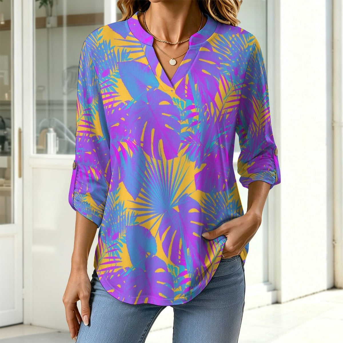 Plant Summer  Versatile Notched V-Neck Tunic | Roll Tab 3/4 Sleeve Office Casual Top