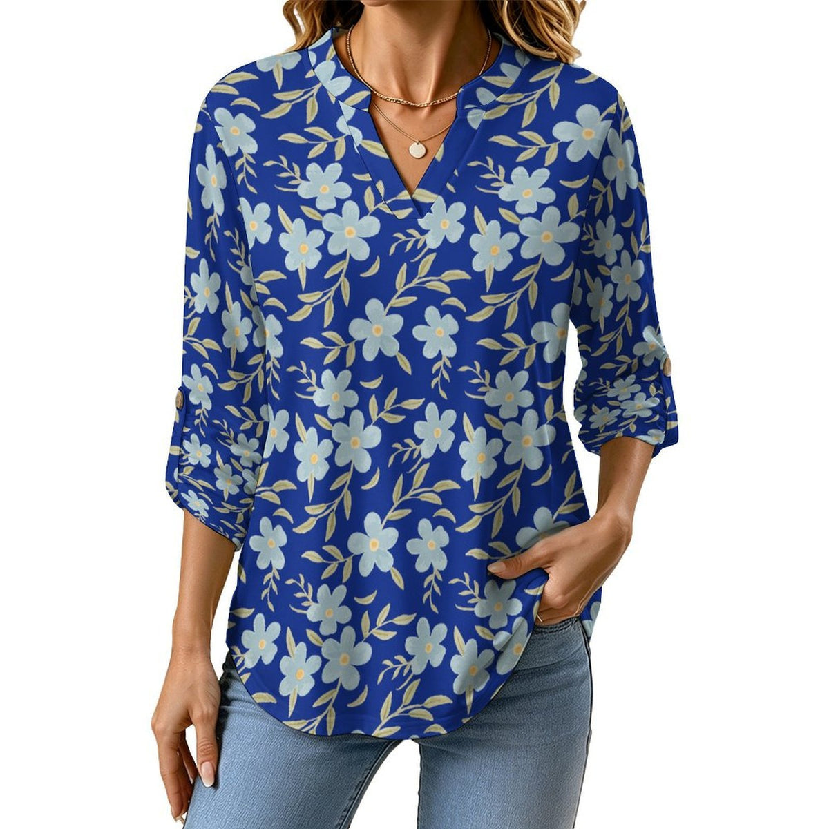 Versatile Notched V-Neck Tunic | Roll Tab 3/4 Sleeve Office Casual Top  Floral Repeat Pattern Skirt for Women