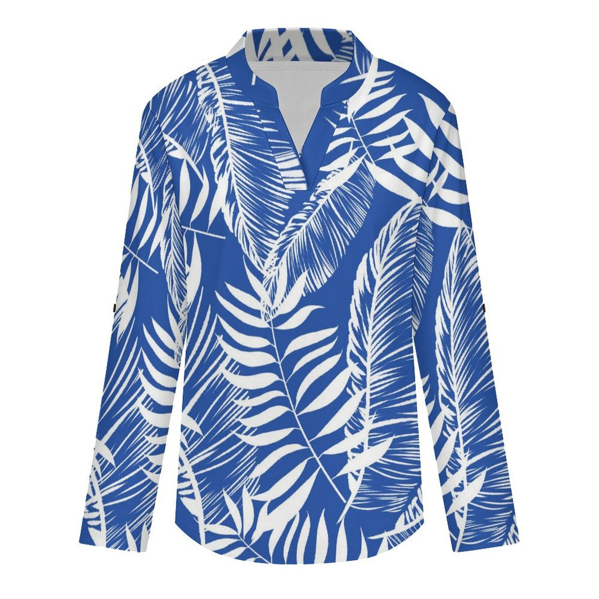 Summer-flower-blue-full Print-T-shirt-phone Case Roll Tab 3/4 Sleeve Notched V Neck Tunic Blouse