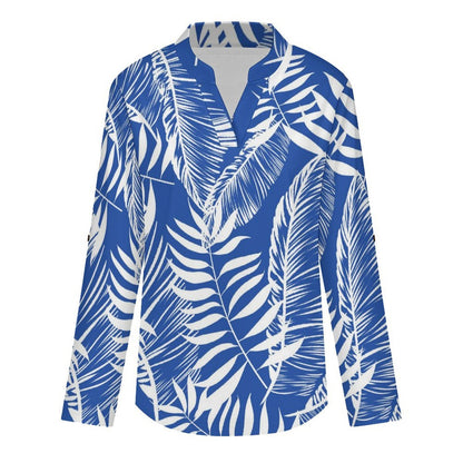 Summer-flower-blue-full Print-T-shirt-phone Case Roll Tab 3/4 Sleeve Notched V Neck Tunic Blouse