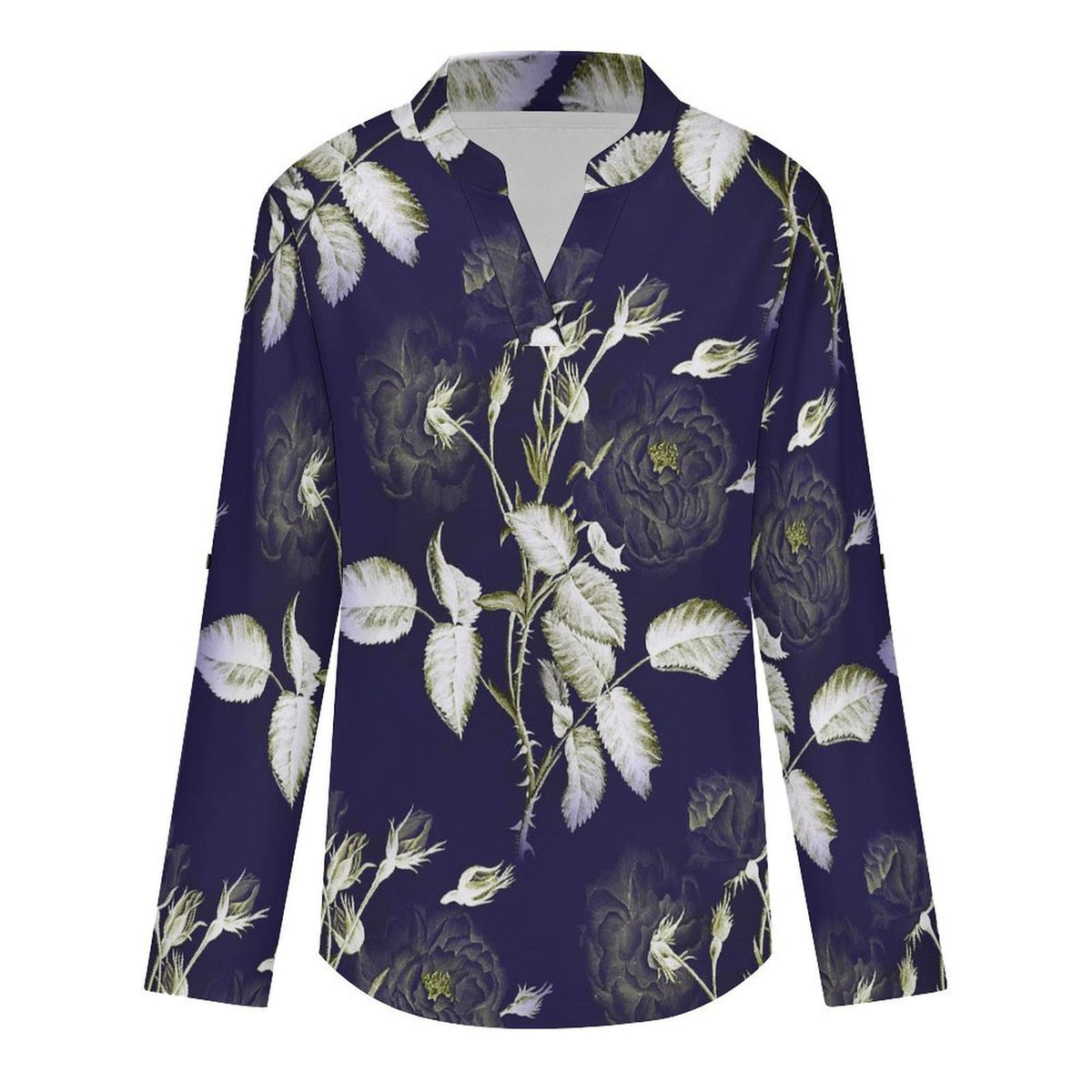 Purple, Flowers, Patterns Roll Tab 3/4 Sleeve Notched V Neck Tunic Blouse