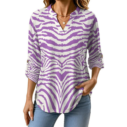 Stand-up Collar Long-sleeved Shirt Zebra Pattern white S Women’s V-Neck Blouses