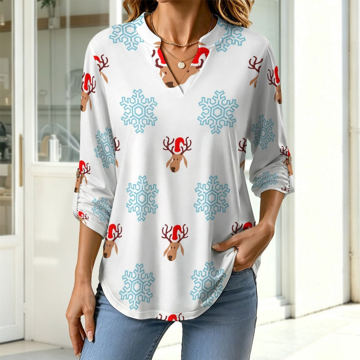 Snow, Elk  Versatile Notched V-Neck Tunic | Roll Tab 3/4 Sleeve Office Casual Top