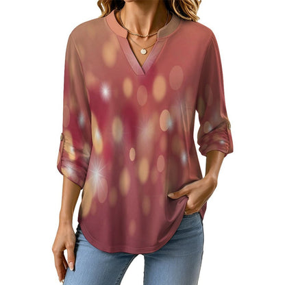 Pink Starlight  Versatile Notched V-Neck Tunic | Roll Tab 3/4 Sleeve Office Casual Top