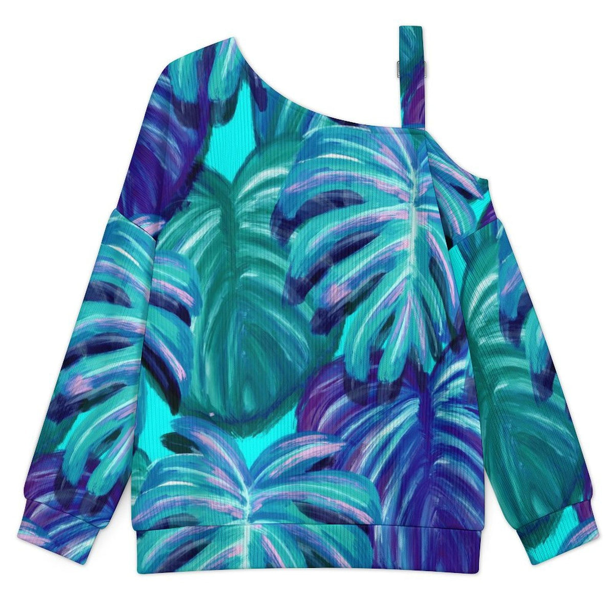 Oil Painting, Marijuana Leaf Buckle Strap Asymmetrical Off Shoulder Knit Sweater