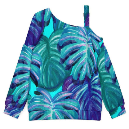 Oil Painting, Marijuana Leaf Buckle Strap Asymmetrical Off Shoulder Knit Sweater