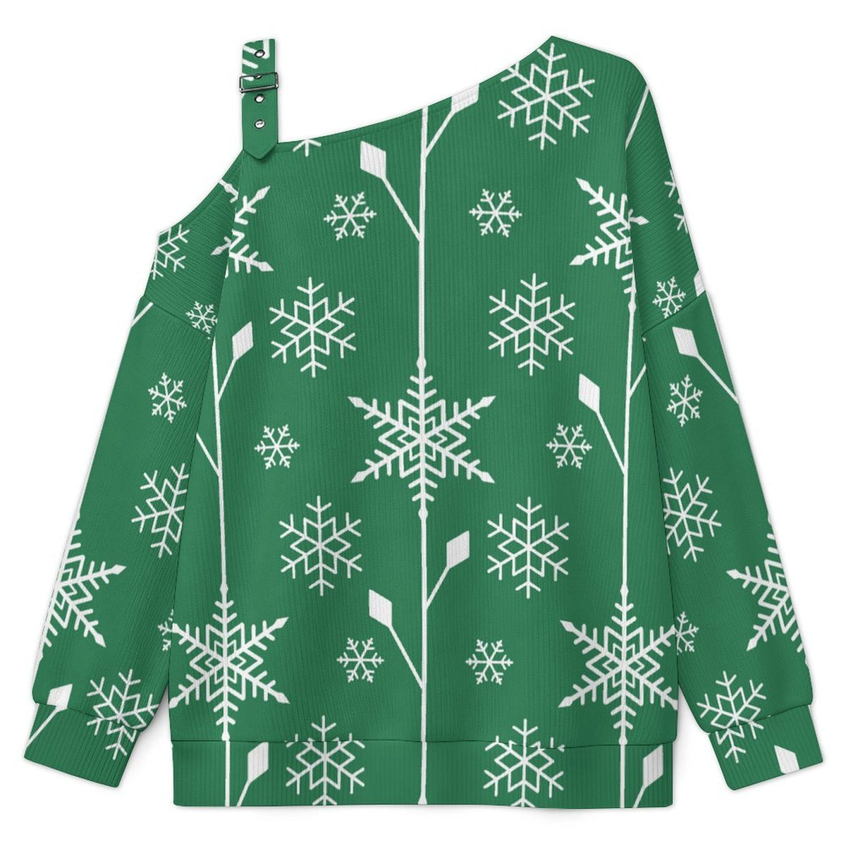 Fall Casual Asymmetric Shoulder Knit Top with Buckle Detail Snowflake Green Tile Repeat