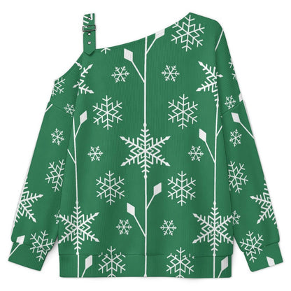 Fall Casual Asymmetric Shoulder Knit Top with Buckle Detail Snowflake Green Tile Repeat