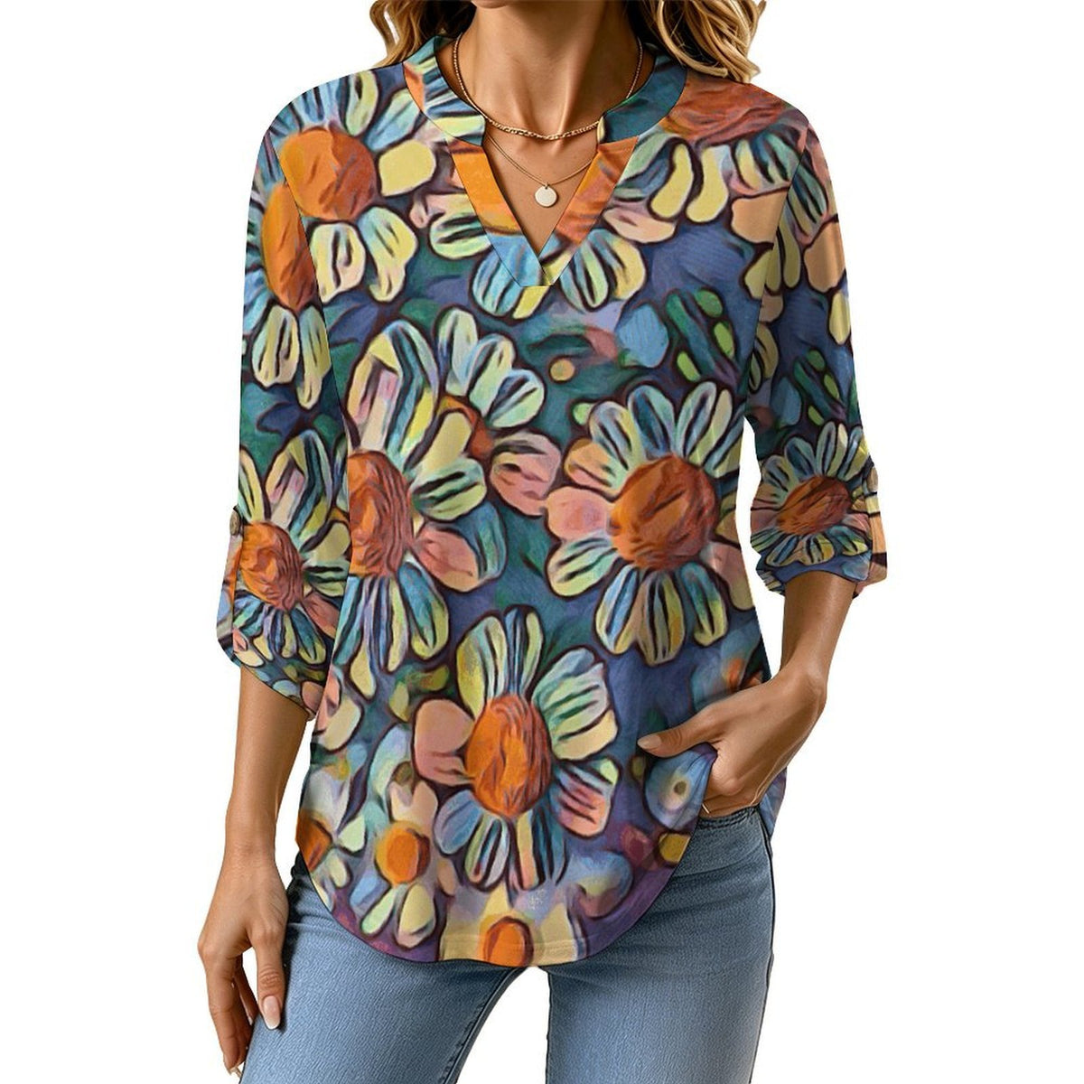 Oil Painting, Flowers, Sunflowers  Versatile Notched V-Neck Tunic | Roll Tab 3/4 Sleeve Office Casual Top