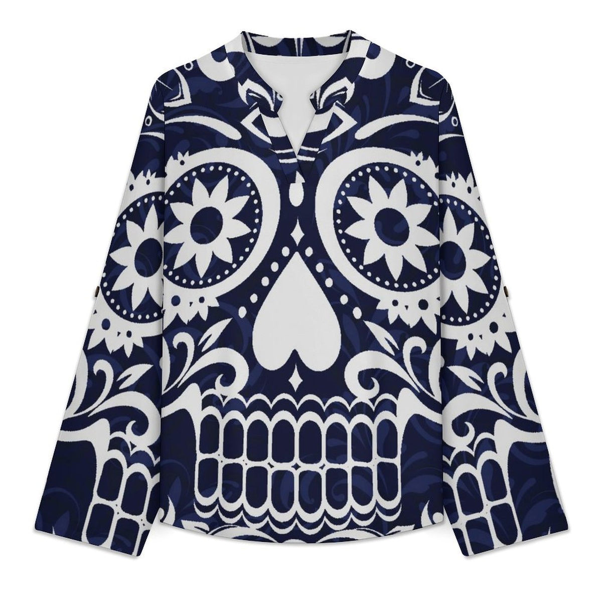 Skul,folk-customl  Versatile Notched V-Neck Tunic | Roll Tab 3/4 Sleeve Office Casual Top