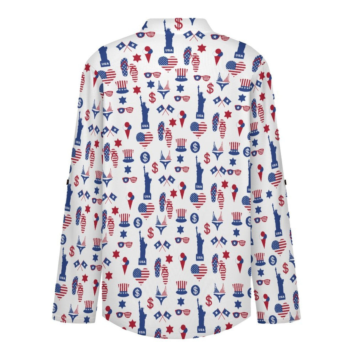 Statue of Liberty, Flag, Blue Stars, Stripes Roll Tab 3/4 Sleeve Notched V Neck Tunic Blouse