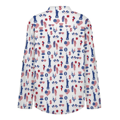 Statue of Liberty, Flag, Blue Stars, Stripes Roll Tab 3/4 Sleeve Notched V Neck Tunic Blouse