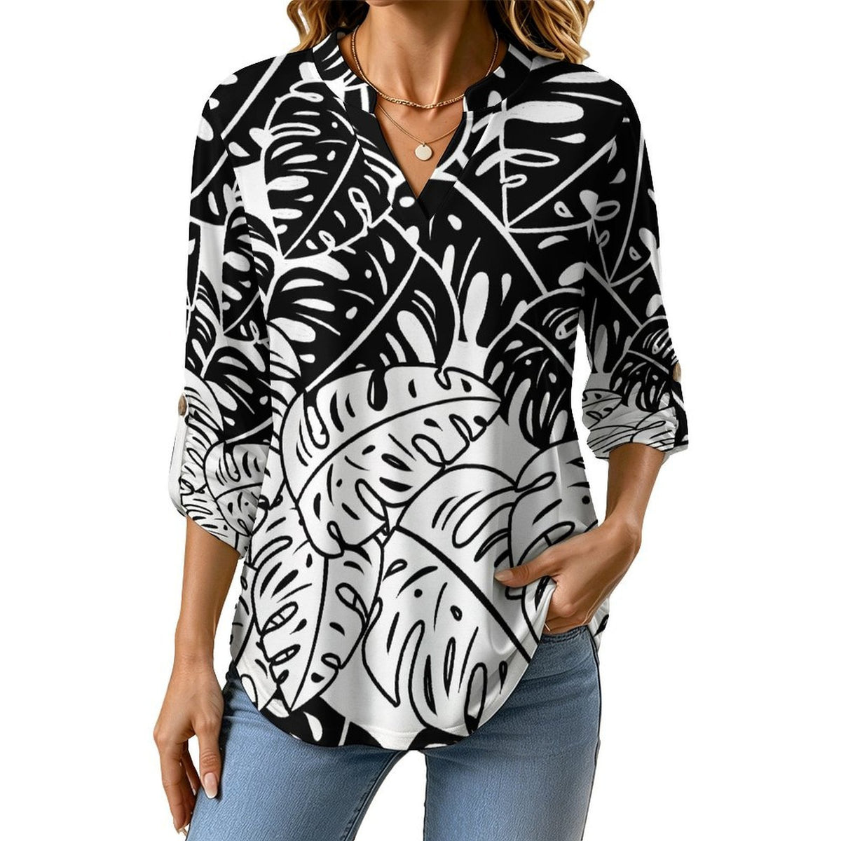 Women's Notched V Neck Tunic Tops, Roll Up 3/4 Sleeve Button Cuff Casual Blouse, Hem Loose Work Shirts  Leaves, Black, Repeating Pattern