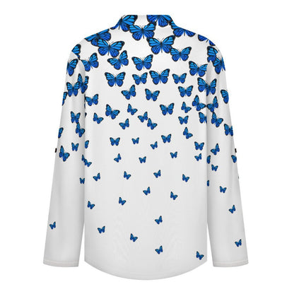 Butterflies, Women's Clothing Roll Tab 3/4 Sleeve Notched V Neck Tunic Blouse