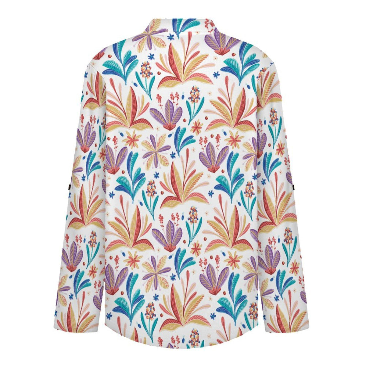 Repeat Patterned Flower Plants  Versatile Notched V-Neck Tunic | Roll Tab 3/4 Sleeve Office Casual Top
