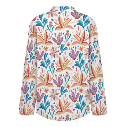 Repeat Patterned Flower Plants  Versatile Notched V-Neck Tunic | Roll Tab 3/4 Sleeve Office Casual Top