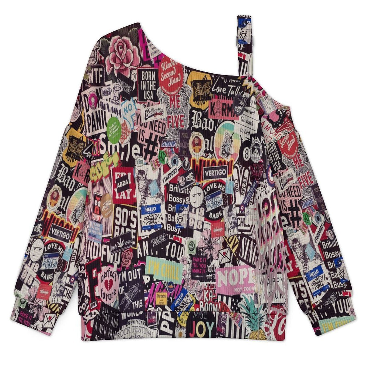 Buckle Strap Asymmetrical Off Shoulder Knit Sweater Sticker Newspaper