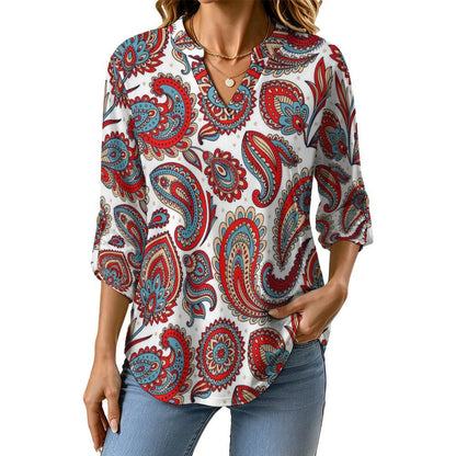 Paisley  Women Curved Hem V Neck Roll Sleeve Casual Work Top
