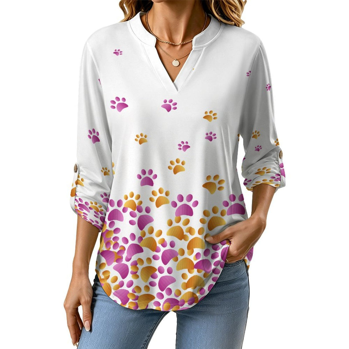 Dog Footprints Dress Blue  Versatile Notched V-Neck Tunic | Roll Tab 3/4 Sleeve Office Casual Top