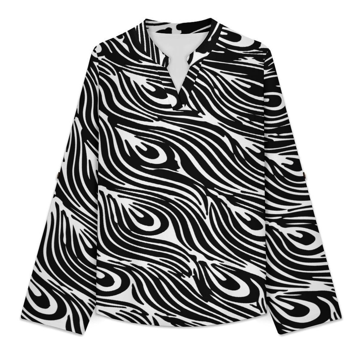 Stand-up Collar Long-sleeved Shirt Black, Peacock Wings white S Women’s V-Neck Blouses